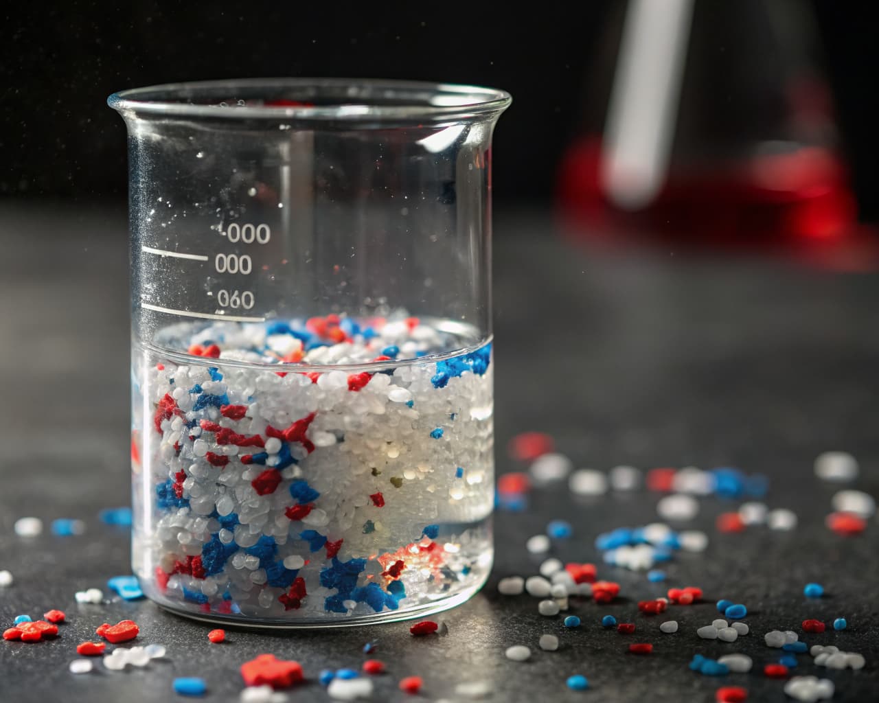 Colorful microplastic fragments in a laboratory beaker — the invisible pollution created by plastic bottle degradation