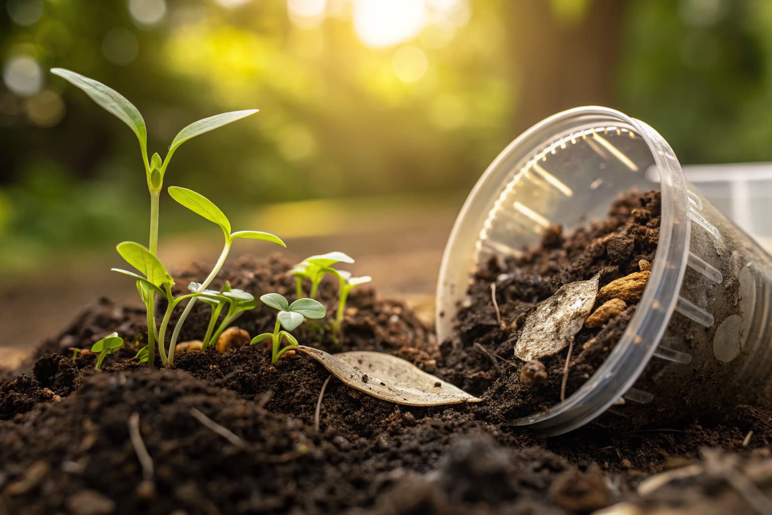 Compostable clamshell container partially buried in rich dark garden soil surrounded by seedlings and mycelium — showing the biodegradation end-of-life cycle of plant-based food packaging