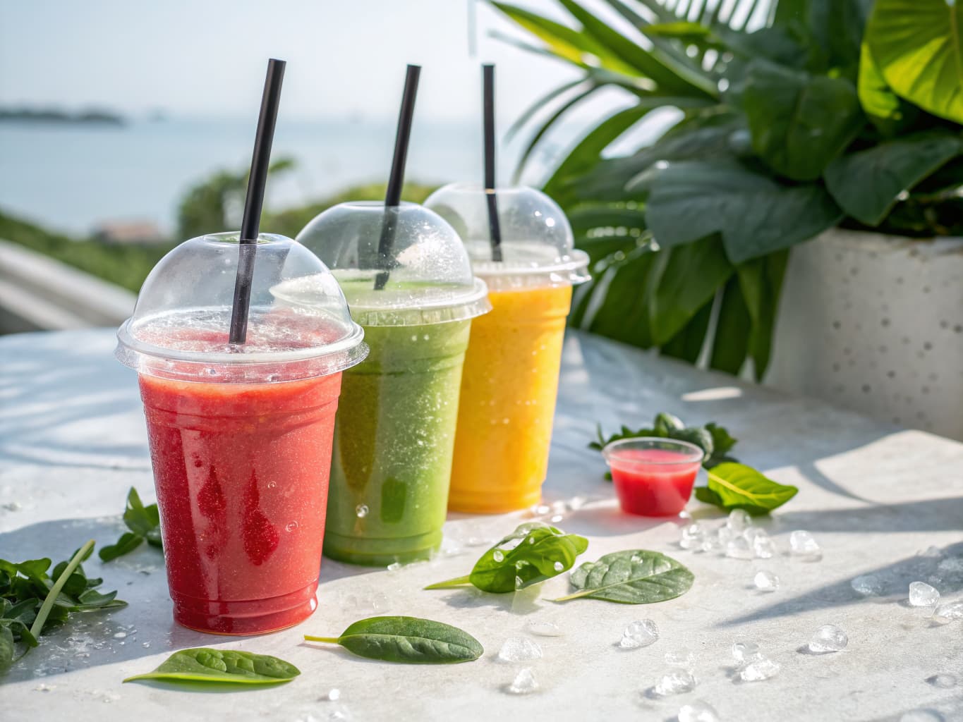 Clear biodegradable cold beverage cups with dome lids and straws filled with colorful smoothies on a white marble surface with tropical leaves