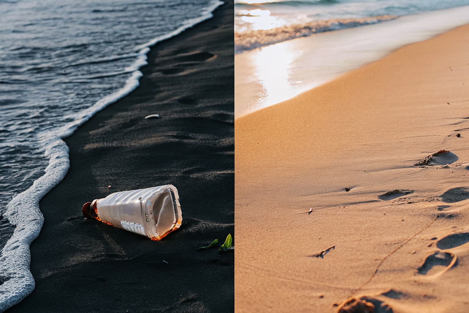 Split image: polluted black sand beach with plastic debris on the left, pristine golden sand beach with clean water on the right — the choice between plastic and PHA
