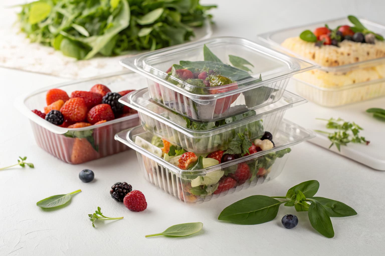 PLA clamshell boxes by Pure Form Solution — crystal-clear compostable food packaging
