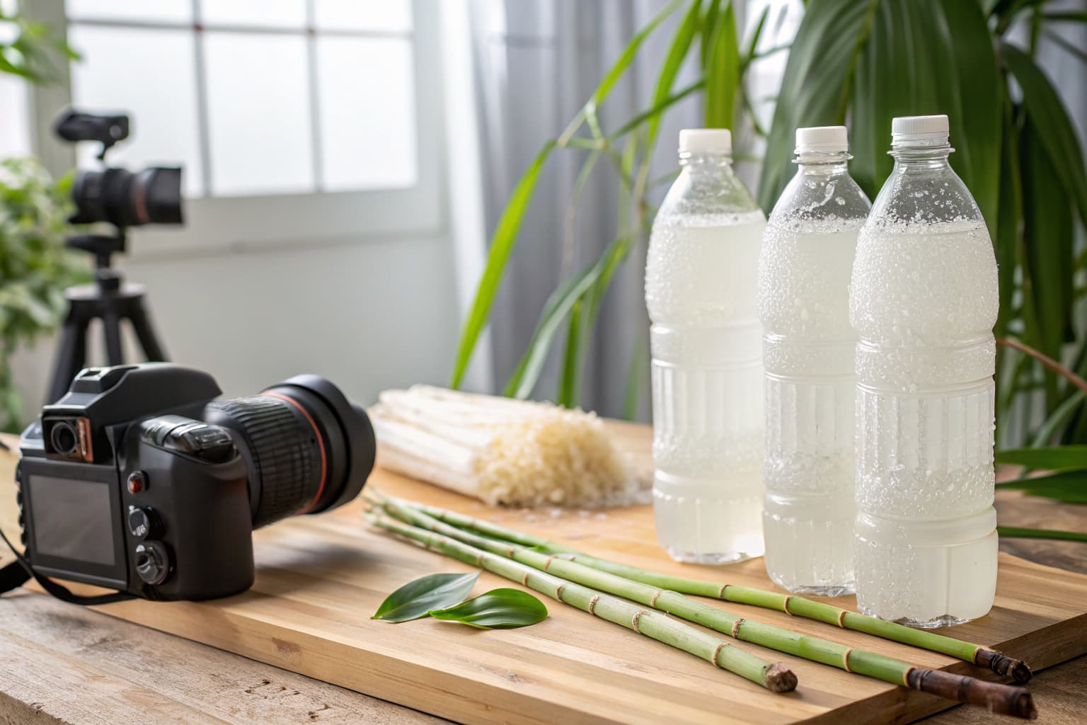 Compostable sugarcane bottles alongside raw sugarcane stalks