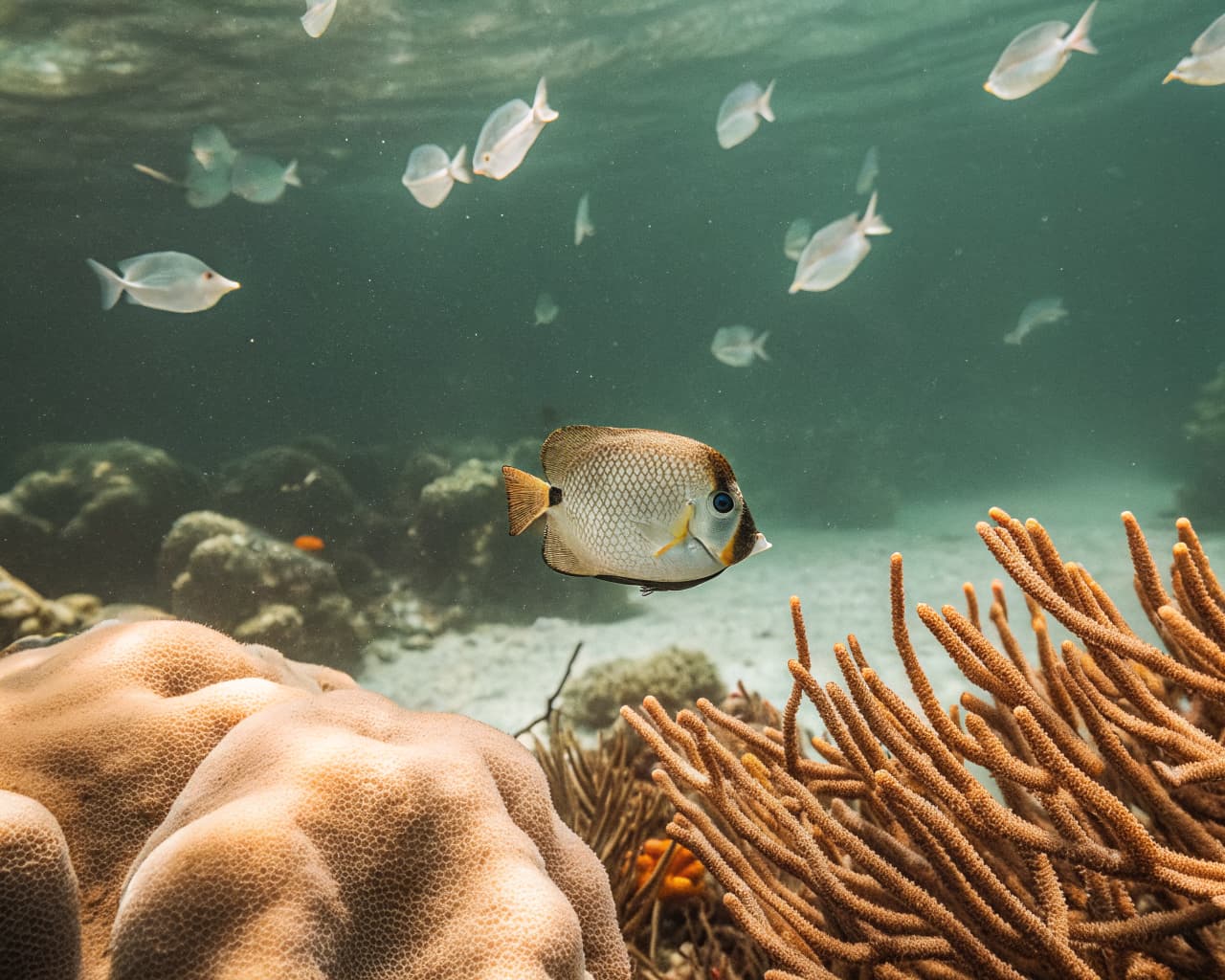 Tropical fish swimming through a threatened coral reef ecosystem — microplastic pollution endangers marine biodiversity worldwide