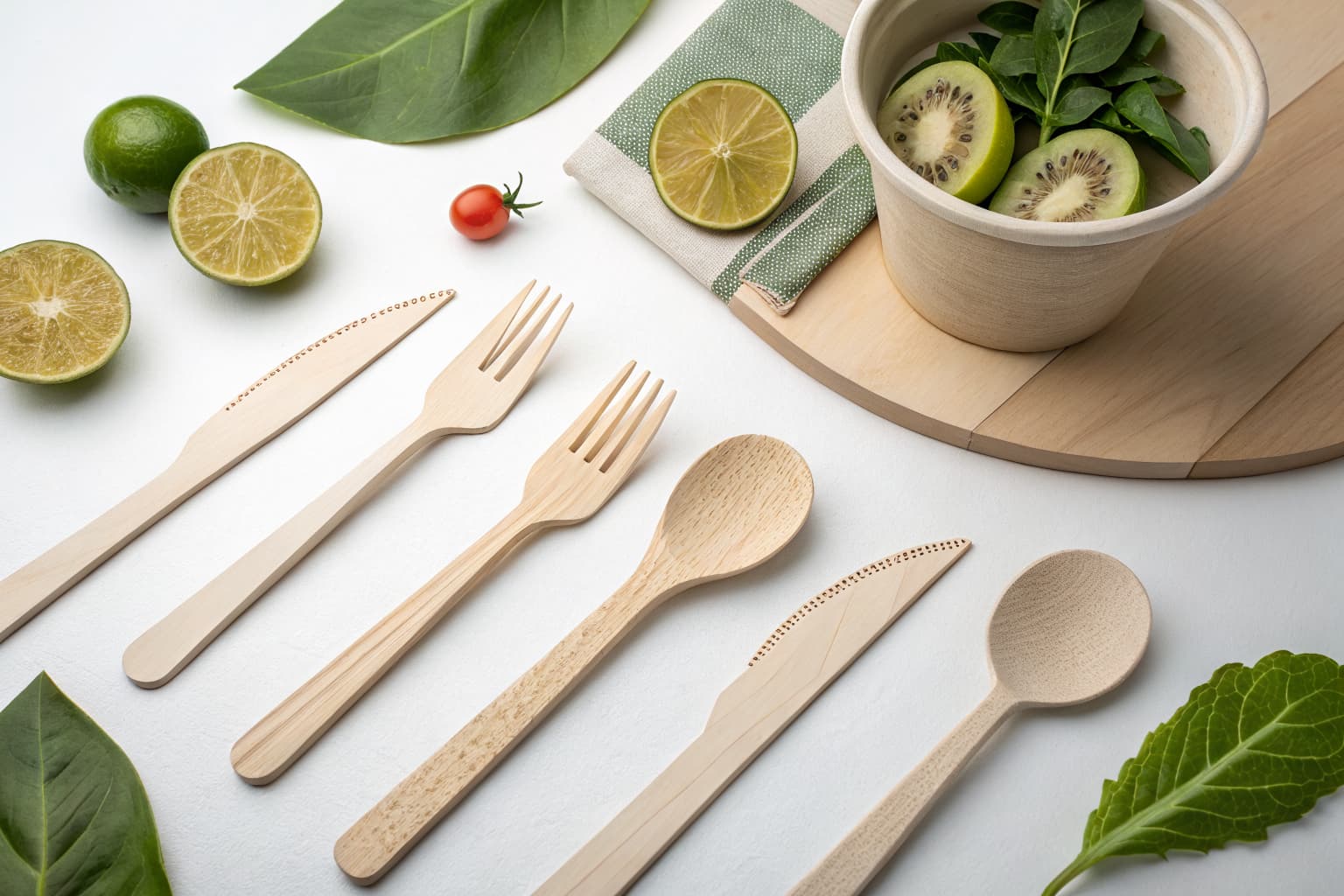 Compostable PHA biodegradable utensils — forks, spoons, and knives with zero microplastics